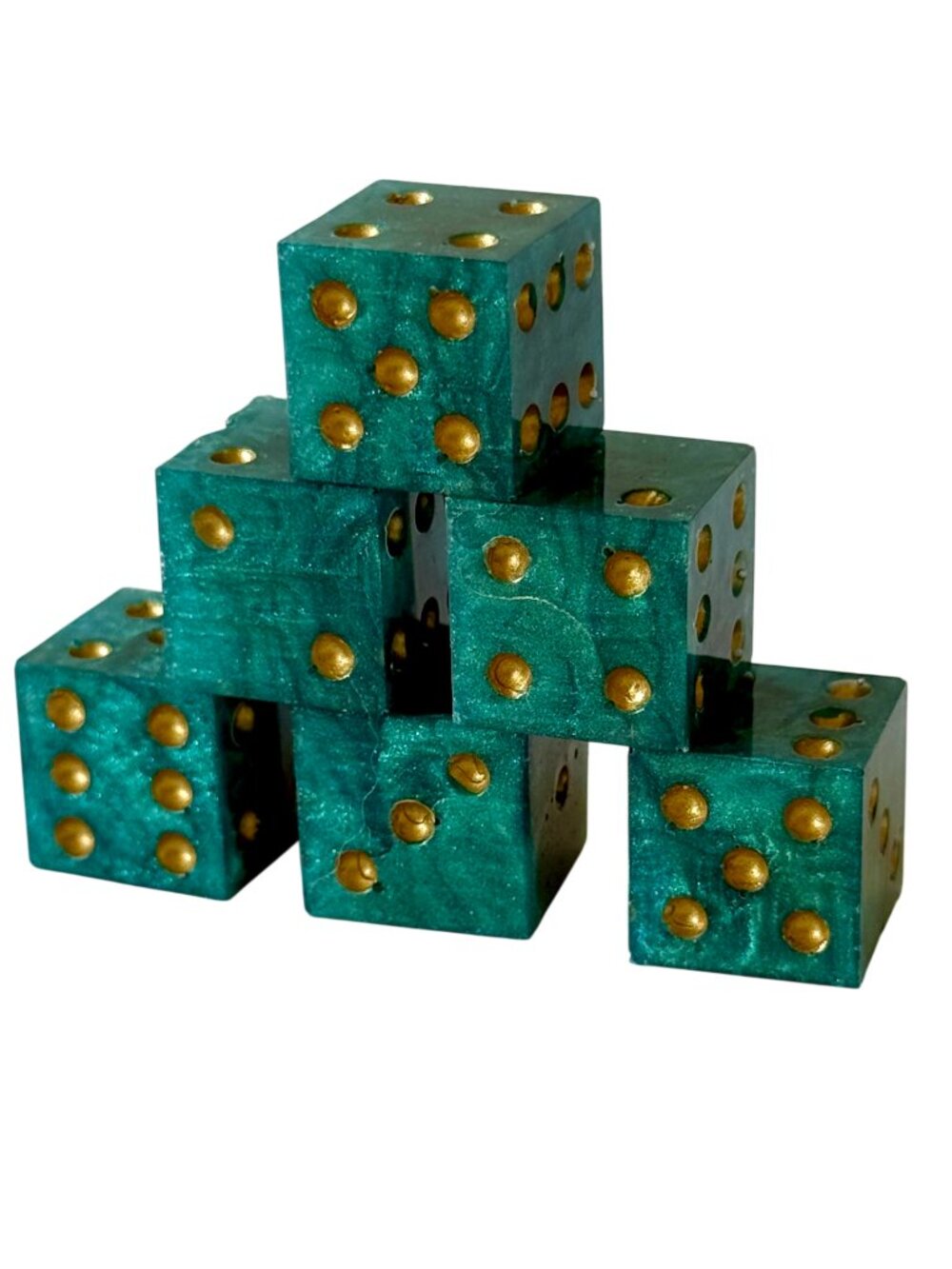 Resin Dice Set 6pcs - Peacock Green & Gold - Handmade Replacement Dice Games